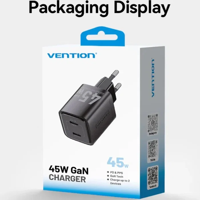 Vention Cargador de Pared GaN FEFB0-EU 2xUSB Tipo-C 45W